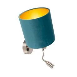 Wandlamp staal met leeslamp en kap velours 20/20/20 blauw