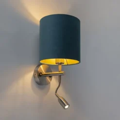 Wandlamp staal met leeslamp en kap velours 20/20/20 blauw