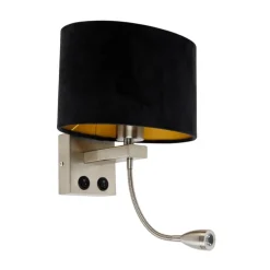 Wandlamp staal met ovale velours kap zwart 25cm - Brescia Combi