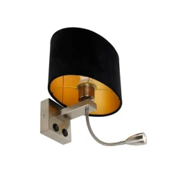 Wandlamp staal met ovale velours kap zwart 25cm - Brescia Combi