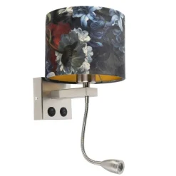 Wandlamp staal met velours kap bloemen met goud - Brescia