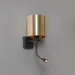 Wandlamp zwart met flexarm en kap goud 15 cm - Brescia