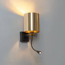 Wandlamp zwart met flexarm en kap goud 15 cm - Brescia