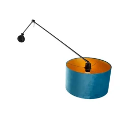 Wandlamp zwart met velours kap blauw 35 cm verstelbaar - Blitz