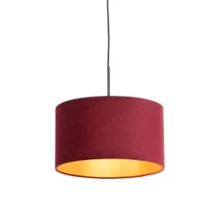 Zwarte hanglamp met velours kap rood met goud 35 cm - Combi