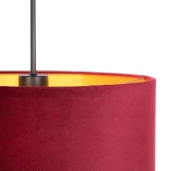 Zwarte hanglamp met velours kap rood met goud 35 cm - Combi