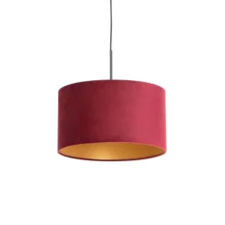 Zwarte hanglamp met velours kap rood met goud 35 cm - Combi