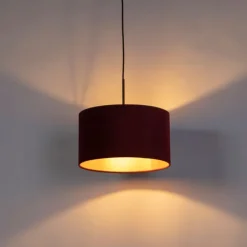 Zwarte hanglamp met velours kap rood met goud 35 cm - Combi